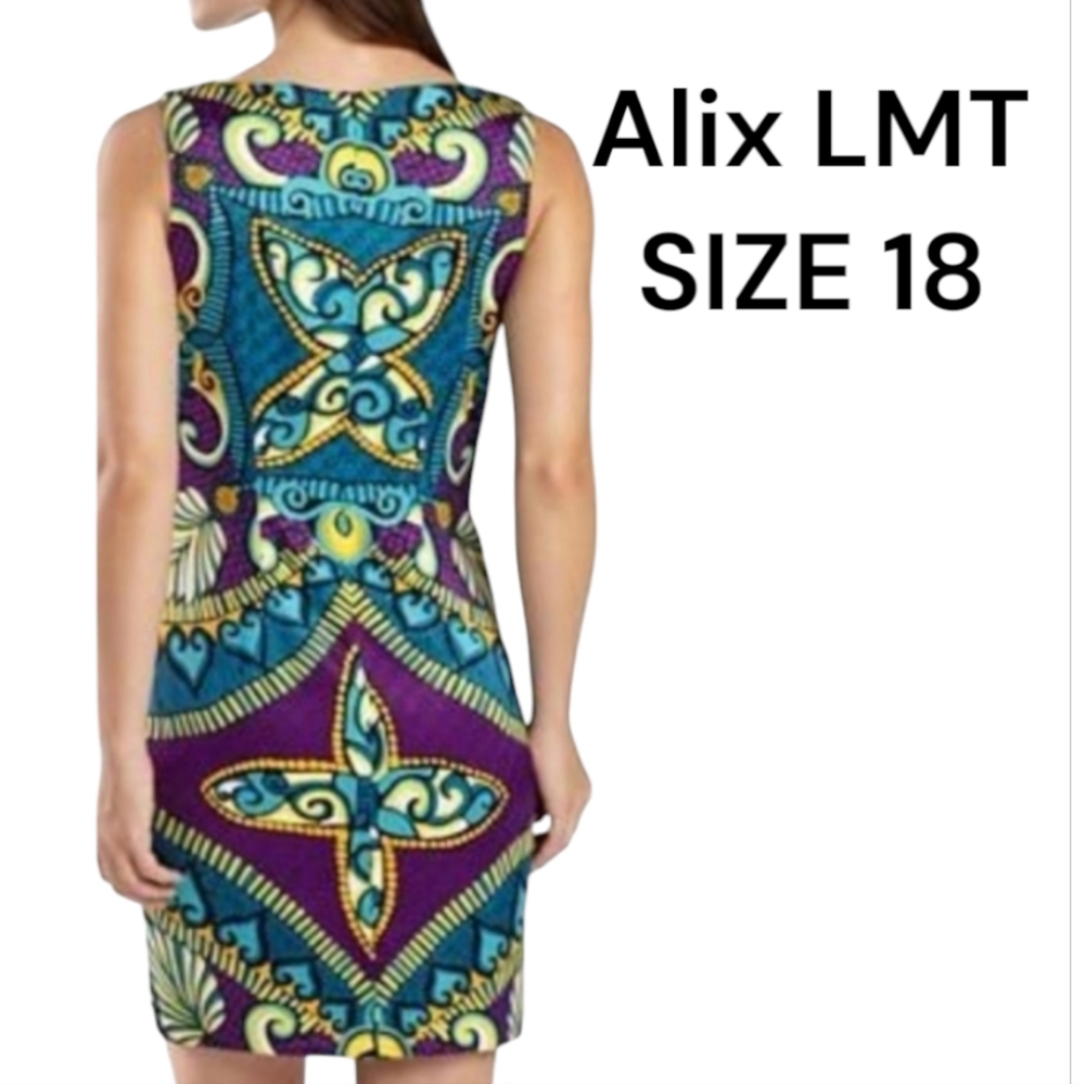 SHEATH DRESS TRIBAL PRINT SATIN STRETCH SLEEVELESS PURPLE COMBO SZ 18 WOMENS NWT